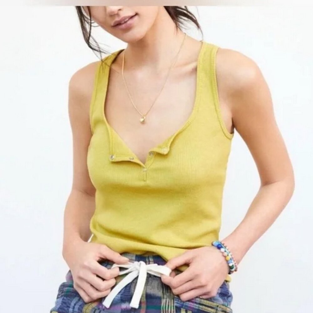 Anthropologie T.La Ribbed Henley Snap Up Tank Chartreuse Yellow XL